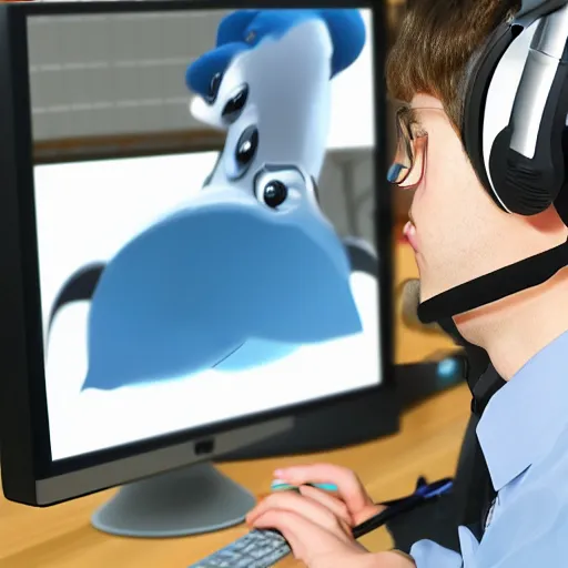 Prompt: An anthropomorphic grey dolphin dressed as a chemist playing games on a computer, digital painting, close-up, wearing a headset