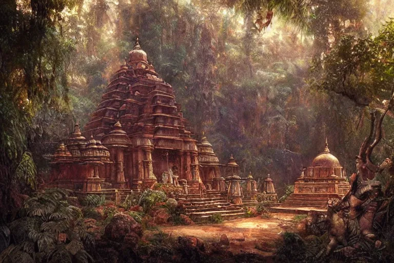 Image similar to An indian temple in a jungle, moody scene, highly detailed, intricate, sharp details, dystopian mood, 1950 scene by gaston bussiere, craig mullins, somber lighting, drawn by Giacomo Burattini, inspired by graphic novel cover art, hyperrealistic, 8k by RHADS