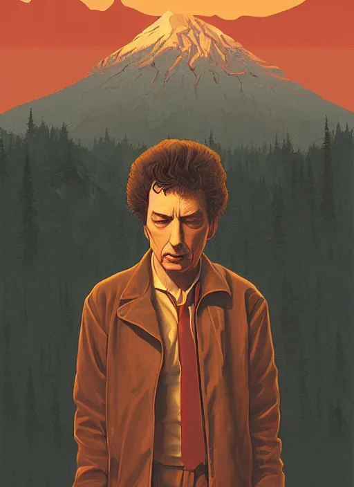 Prompt: Twin Peaks poster artwork by Michael Whelan and Tomer Hanuka, Karol Bak, Rendering of Bob Dylan from scene from Twin Peaks, clean, full of details, by Makoto Shinkai and thomas kinkade, Matte painting, trending on artstation and unreal engine