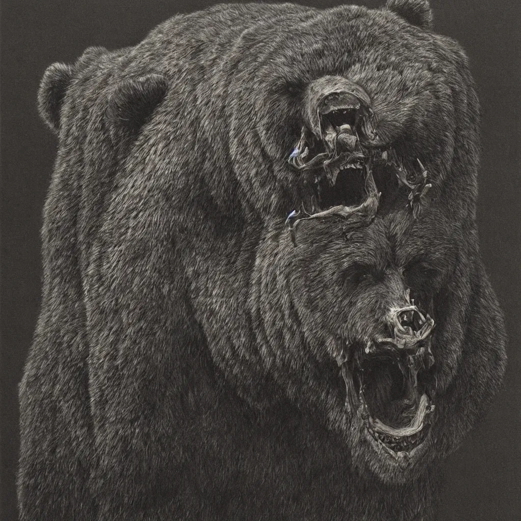 Prompt: horrifying bear, fangs, style of zdislaw beksinski