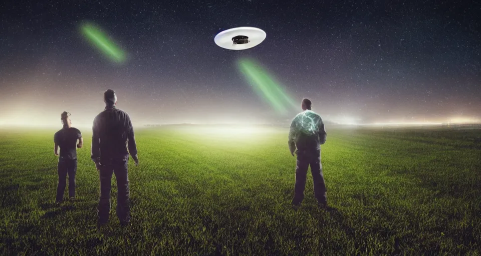 Prompt: Alien UFO abducting man in the middle of a field at night, atmospheric, illuminated by green tractor beam, cinematic landscape