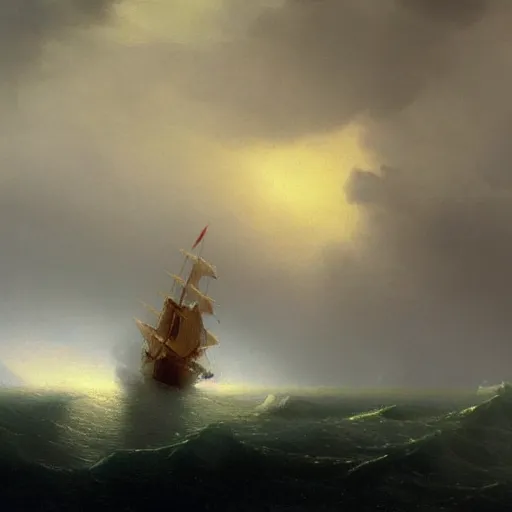 Image similar to a lonely ship drifting amongst the thunder clouds , fog and heavy storm concept art in style of Ivan Aivazovsky