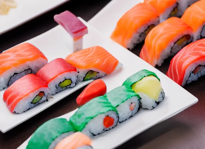 Image similar to dslr food photograph of sushi made of candy, 8 5 mm f 1. 8