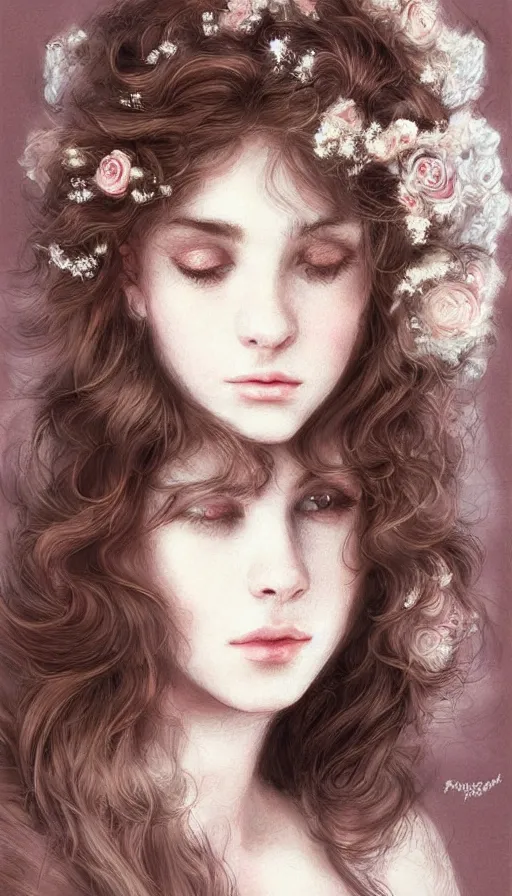 Prompt: portrait of young brunette from 1985, 80s theme, 80s hair, dreamy and ethereal, expressive pose, big brown eyes, peaceful expression, ornate frilly dress, fantasy, intricate, elegant, rose tones, highly detailed, digital painting, artstation, concept art, smooth, sharp focus, illustration, art by artgerm and greg rutkowski and alphonse mucha