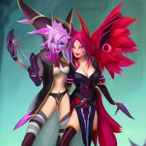 Image similar to league of legends, xayah and kai'sa pose together, best friends, funny, flirty, smiling, photo