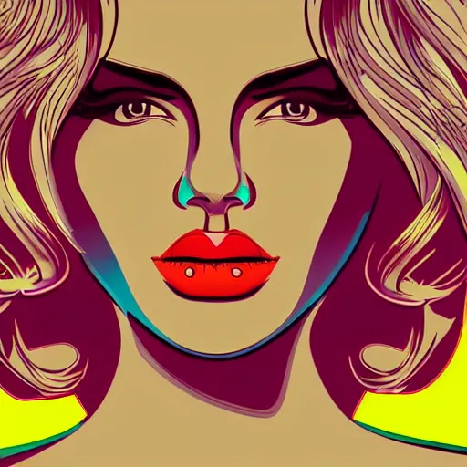 Image similar to a closeup of a woman biting her lip, in retro colors, synthwave style, 2 d digital vector art