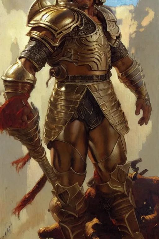 Image similar to attractive beefy male with armor, character design, painting by gaston bussiere, craig mullins, j. c. leyendecker, tom of finland