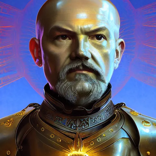 Prompt: masterpiece head - on symmetrical centered painted portrait, lenin as a holy warrior, holy light halo, glorious, wearing full metal armour, elegant, distant, in the style of ruan jia and artgerm and edgar maxence and ross tran and michael whelan and mucha, 8 k, octane render