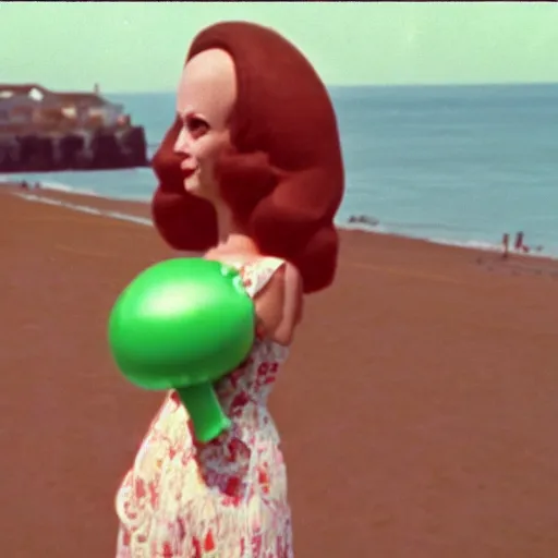 Image similar to middle aged woman with an inflatable toy head on top of her head wearing a dress at the seaside 1976 French film archival footage technicolor film expired film 16mm new wave John Waters