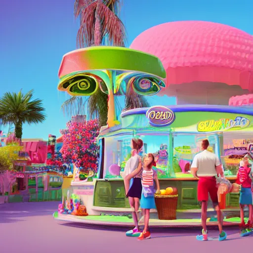 Prompt: ice cream world, candy tree, human pets, 3 d render, illustrated, incredible details, highly detailed, colorful, photorealistic, disney pixar, octane render, iridescent, anime, 8 k