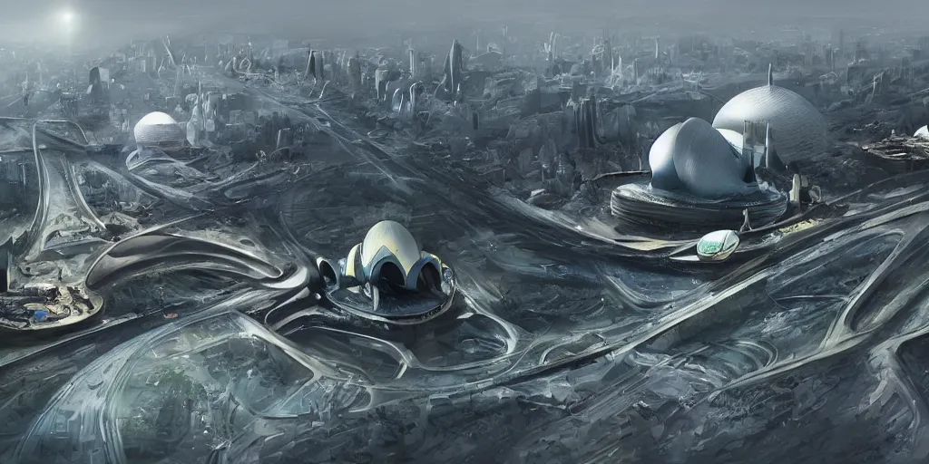 Image similar to Zaha Hadid city with Noraman foster dome and mosque in a Fantasy world and photo inspired by Where weird things happen by Daniele Gay on art station , le corbusier model on the ground inspired by Mining by Risa lin on art station