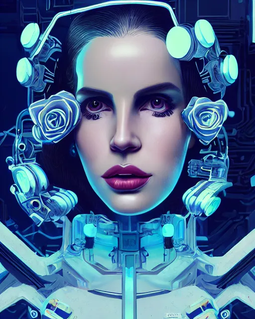 Image similar to portrait of lana del rey as a cyberpunk cyborg. roses, sci - fi, missing panels, intricate abstract upper body intricate artwork, by tooth wu, wlop, beeple, dan mumford. concept art, octane render, deviantart, greg rutkowski, cinematic, key art, hyperrealism, iridescent accents