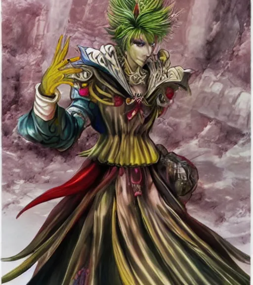 Image similar to kefka palazzo using a smartphone!!!!!!! by yoshitaka amano, concept art