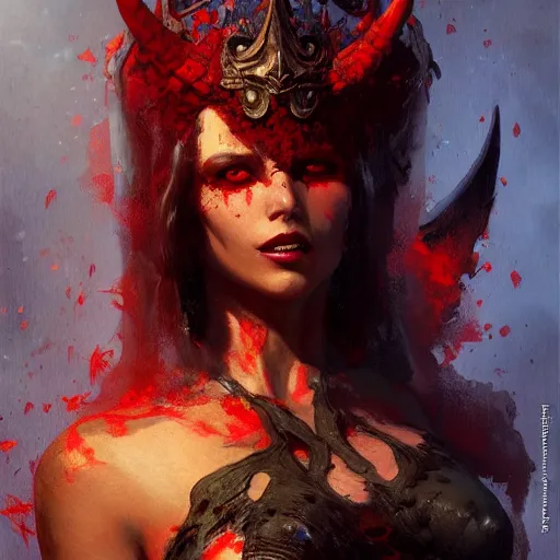Prompt: very attractive demon queen with red eyes painting by gaston bussiere, craig mullins, luis rollo, torso portrait, digital painting, highly detailed, artstation, sharp focus, illustration, concept art, hd