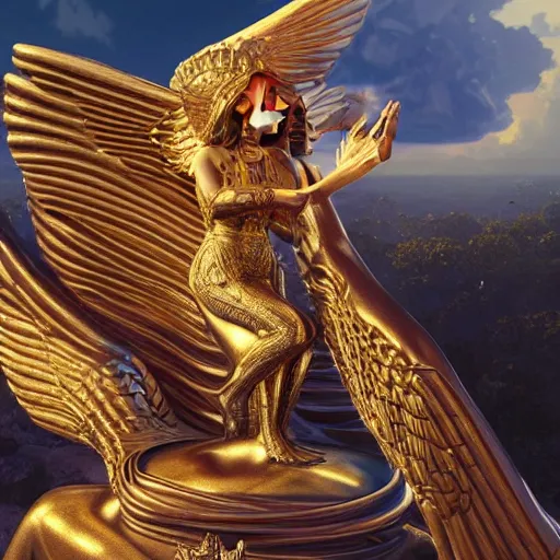 Image similar to modernist jeff koons style neverending story winged sphinx, ultra realistic, golden hour, concept art, intricate details, serious, highly detailed, photorealistic, octane render, 8 k, unreal engine, art by todd mcfarlane and artgerm and greg rutkowski and alphonse mucha