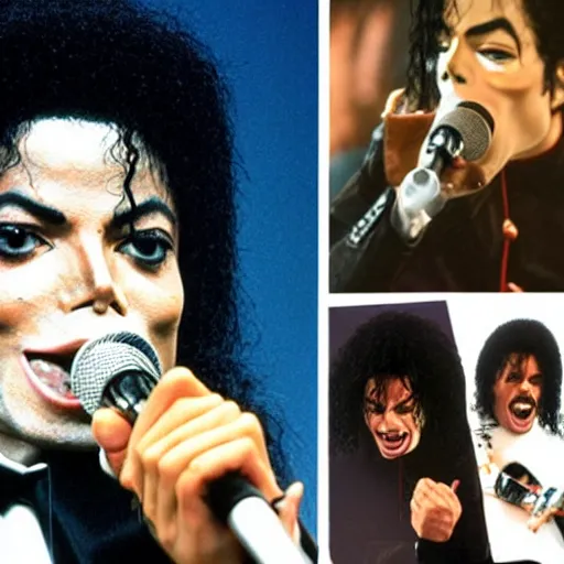 Prompt: Michael Jackson with a horn as mouth, horn in the place of mouth, horn mouth