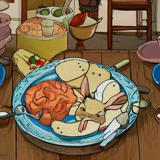 Image similar to rabbits cooking food inside a cozy french kitchen, in the style of studio ghibli