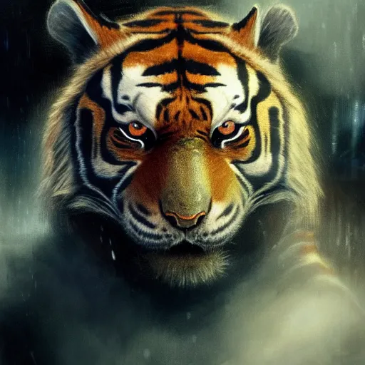 Image similar to hyperrealistic portrait of an athropomorphic tiger wearing military clothes, bladerunner street, art of elysium by jeremy mann and alphonse mucha, fantasy art, photo realistic, dynamic lighting, artstation, poster, volumetric lighting, very detailed face, 4 k, award winning, cinematic lighting, deviantart, artstation, cg society