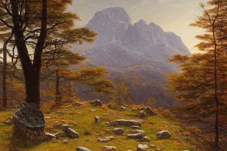 Image similar to runestone, monument, mountains, trees, beautiful nature, very detailed, focused, oil painting, colorful, canvas, artstation, national geographic, Sydney Mortimer Laurence, Albert Bierstadt, Theodor Kittelsen, Hans Dahl, Konstantin Yakovlevich Kryzhitsky