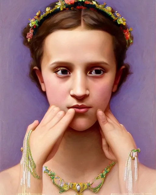 Image similar to a portrait painting of a shy, blushing 1 6 - year old alicia vikander or millie bobby brown as a princess with mouth open in awe, wearing tons of opal jewelry, intricate, elegant, highly detailed, artstation, concept art, by krenz cushart and donato giancola and william adolph bouguereau and alphonse mucha