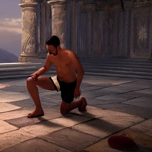 Prompt: A man kneeling before gods asking for his wishes to be fulfilled, ultra photo realistic, unreal engine, 8K UHD