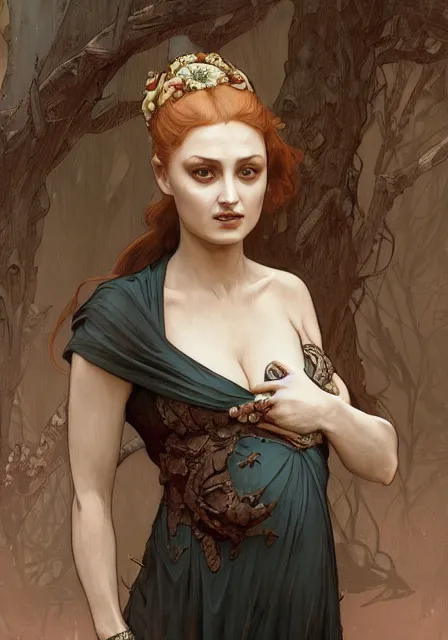 Image similar to sansa pregnant mummy zombie, intricate, elegant, highly detailed, digital painting, artstation, concept art, smooth, sharp focus, illustration, art by artgerm and greg rutkowski and alphonse mucha and william - adolphe bouguereau