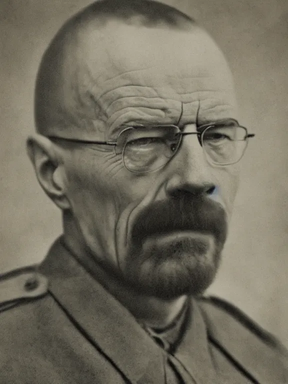 Prompt: !dream portrait of Walter White, ww1 photo, grainy, high detail, high resolution,