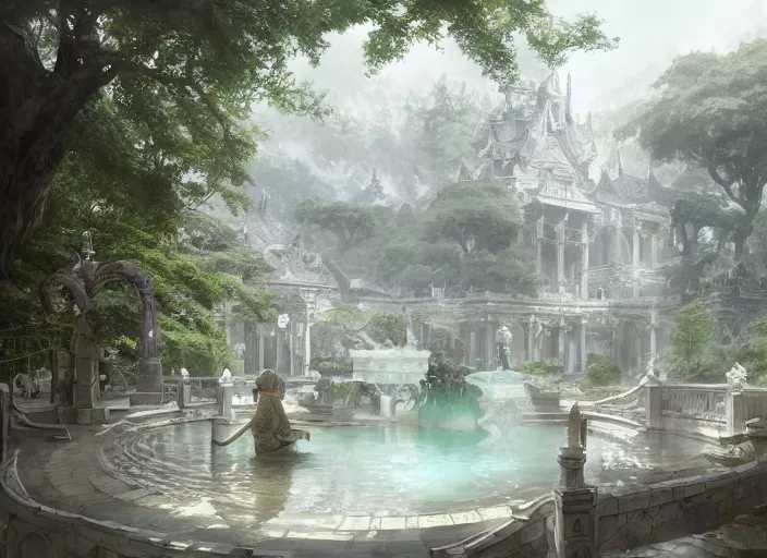 Prompt: A hot spring in a beautiful elven city made of white marble, anime, lush trees, fountain, a fantasy digital painting by Greg Rutkowski and James Gurney, trending on Artstation, highly detailed