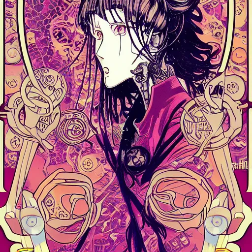 Image similar to anime manga skull portrait girl female skeleton illustration 80s vaporwave detailed patterns art Geof Darrow and Ashley wood and Ilya repin and alphonse mucha pop art nouveau