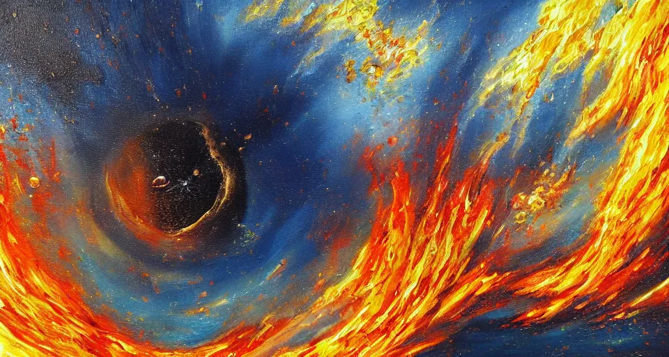 Image similar to award winning painting, planet of water crashing into a planet of fire, bright explosion