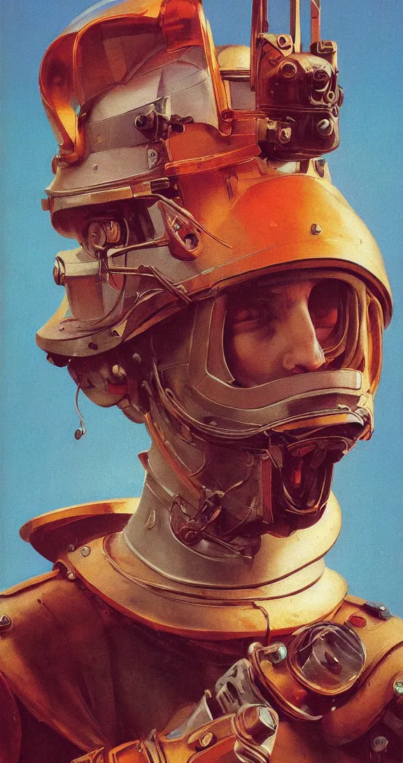 Image similar to beautiful extreme closeup portrait photo in style of frontiers in helmet Helmets of Emperor Charles V the Wise science fashion magazine September retrofuturism edition, highly detailed, soft lighting, elegant , lighting, 35mm , Edward Hopper and James Gilleard, Zdzislaw Beksinski, Steven Outram, highly detailed