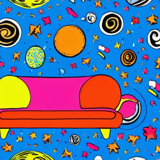 Image similar to psychedelic trippy couch in space, planets, milky way, sofa, cartoon