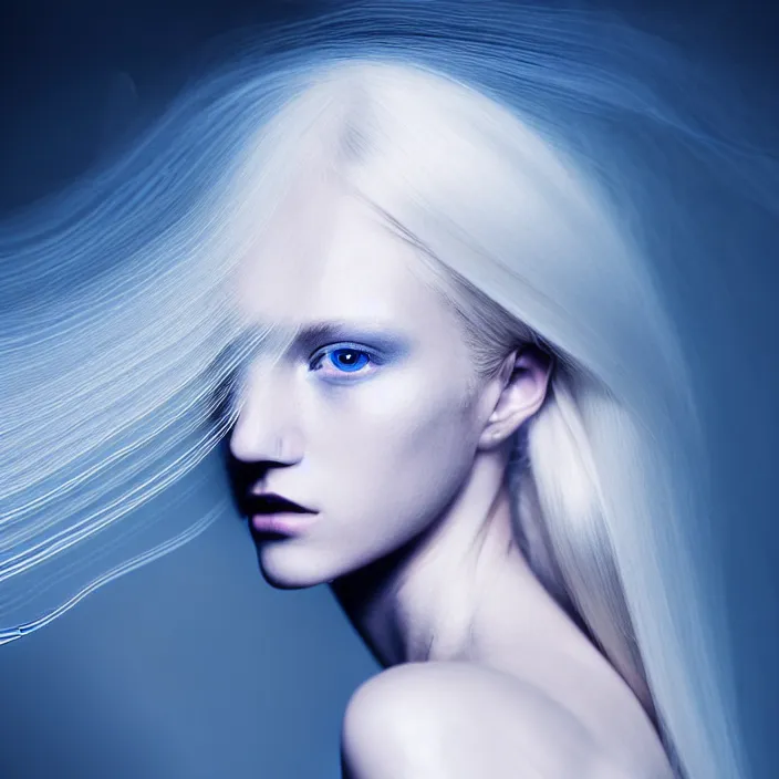 Image similar to simulating photography of a beautiful woman with long blond hair dressed in long white, fine art photography light painting in style of Paolo Roversi, professional studio lighting, volumetric lighting, dark blue background, hyper realistic photography, fashion magazine style