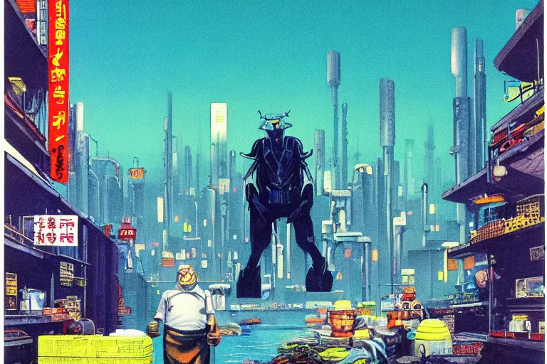 Image similar to 1979 OMNI Magazine Cover of a dumb ogre working at a fish market warehouse. In the background are street level views of neo-Tokyo in cyberpunk style by Vincent Di Fate