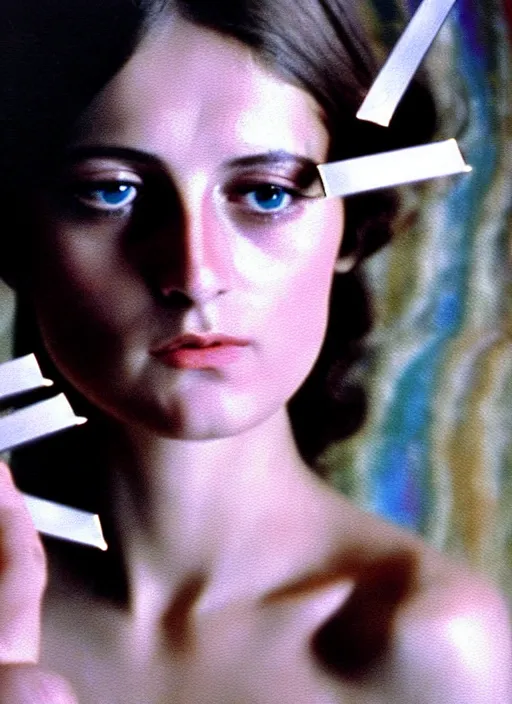 Image similar to 1971 film still from an Italian drama film of a young French actress as the goddess of razor blades. ultra detailed painting at 16K resolution and amazingly epic visuals. epically beautiful image. amazing effect, image looks gorgeously crisp as far as it's visual fidelity goes, absolutely outstanding. vivid clarity. ultra. iridescent. mind-breaking. mega-beautiful pencil shadowing. beautiful face. Ultra High Definition. godly shading. amazingly crisp sharpness. photorealistic film cel processed twice..