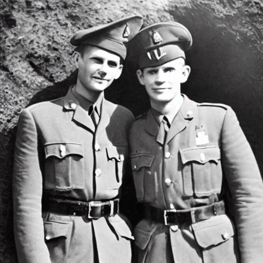 Prompt: a professional photograph of two handsome young wwii soldiers finding love in the trenches