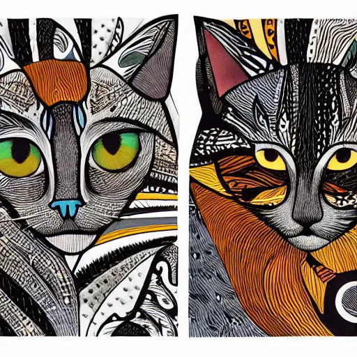 Image similar to A highly stylized conceptual art 4k shaded, finely detailed, matte illustration with intricate patterns of two abstract expressionist cats intertwined together in the style of Kandinksy