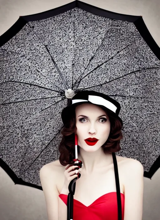 Prompt: a beautiful white pale skin girl, black and white, vibrent red lipstick, umbrella, hat