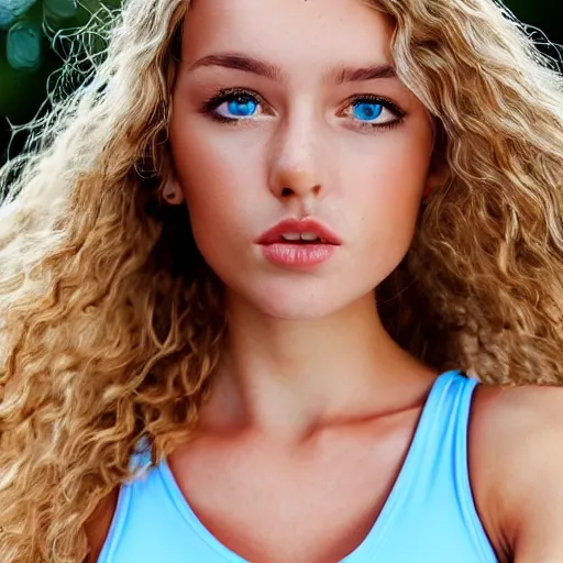 Image similar to a very beautiful russian tennis girl, full body and face, long wavy blond hair, sky blue eyes, full round face, short smile, bikini, miniskirt, highly detailed, photograph