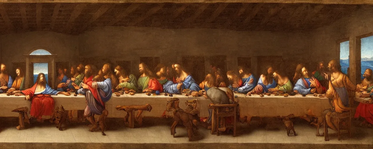 Prompt: A painting in the style of the last supper by Leonardo Da Vinci but with animals instead of people. High detail