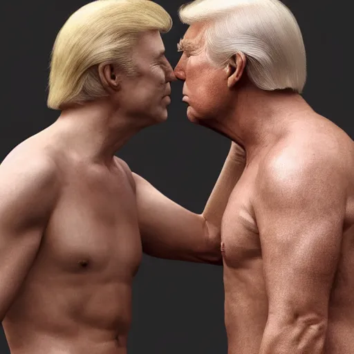 Prompt: Shirtless Donald Trump and shirtless Joe Biden intensely making out, Realistic, 4k Resolution, 8k Resolution, Detailed, Very Detailed, Highly Detailed, HD Quality, Digital Art, Trending on Artstation
