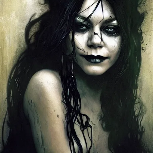 Image similar to beautiful portrait of vanessa hudgens as death from sandman, smiling, by cedric peyravernay, alphonse mucha, by jeremy mann, by lecouffe deharme, goth chic, soft lightning, eyeliner, punk rock, high detailed, 8 k