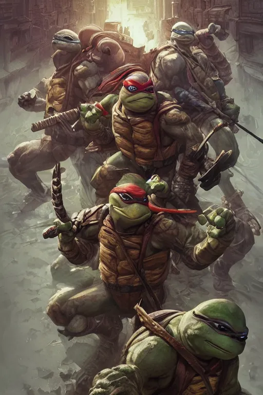 Image similar to teenage mutant ninja turtle, Leonardo, marvel, dark, intricate, highly detailed, smooth, artstation, digital illustration by Ruan Jia and Mandy Jurgens and Artgerm and Wayne Barlowe and Greg Rutkowski and Zdislav Beksinski