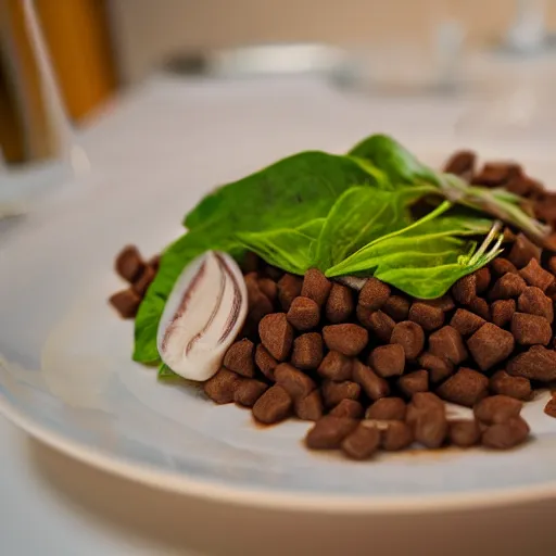 Prompt: dog food on a plate, gourmet michelin restaurant, food photography