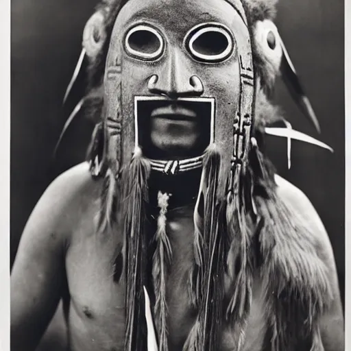 Prompt: vintage photo of a native american shaman mask by edward s curtis, photo journalism, photography, cinematic, national geographic photoshoot