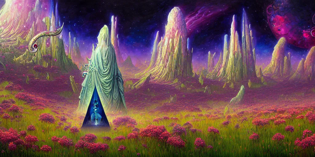 Image similar to a beautiful painting of a large alien shrine shrouded by mystic nebula magic in a field of flowers by moebius and android jones, oil on canvas sharp, details, hyper - detailed, hd, hdr, 4 k, 8 k