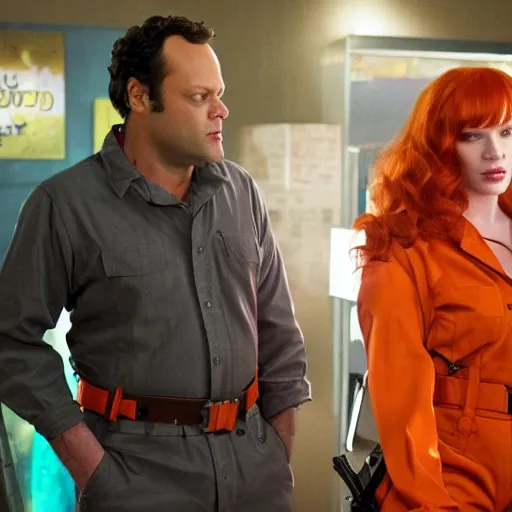 Image similar to vince vaughn as jack fenton, he is wearing an orange coveralls bodysuit with a big sci - fi gun belt, and christina hendricks as maddie fenton, she is wearing a tight teal coveralls bodysuit with a big sci - fi gun belt, movie photo, spooky netflix still shot, they are looking for ghosts