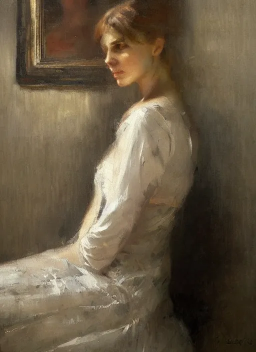 Image similar to beautiful portrait painting of a victorian woman posing in an artistic pose, by jeremy mann, only one head single portrait