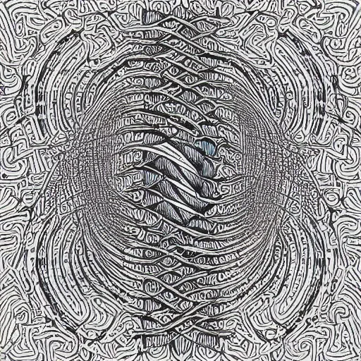 Image similar to “geometrically incomprehensible surreal order of double helix, extremely high detail, photorealistic, intricate line drawings, dotart, album art in the style of James Jean”