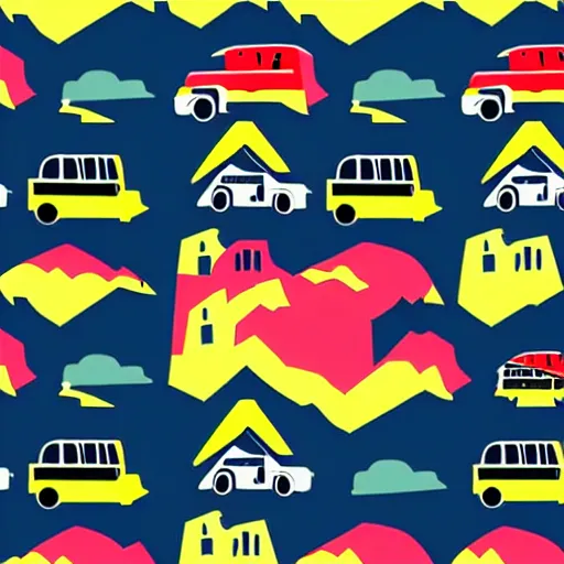 Image similar to minimal vector art sticker of a white and black cute thor chateau! motorhome camper!!, mountains, colorful sunset!!, dramatic, warm happy colors, thick lines, very minimal vector art, sticker!! by tom whalen